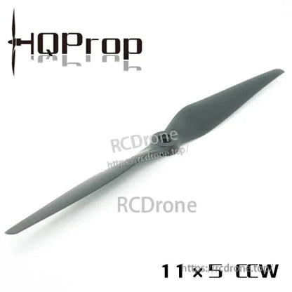 Angled view of HQProp 11x5 CCW 2-blade propeller showing long thin blades and center hub (watermarked)