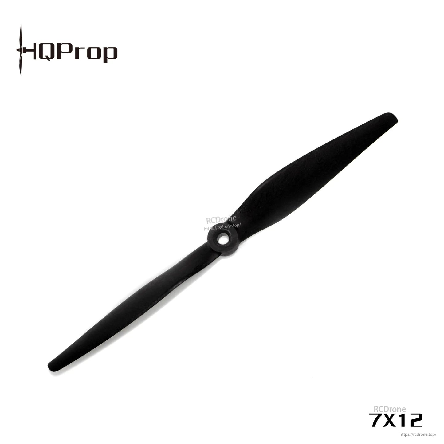 Angled top view of black 7x12 two-blade propeller with center mounting hole on white background