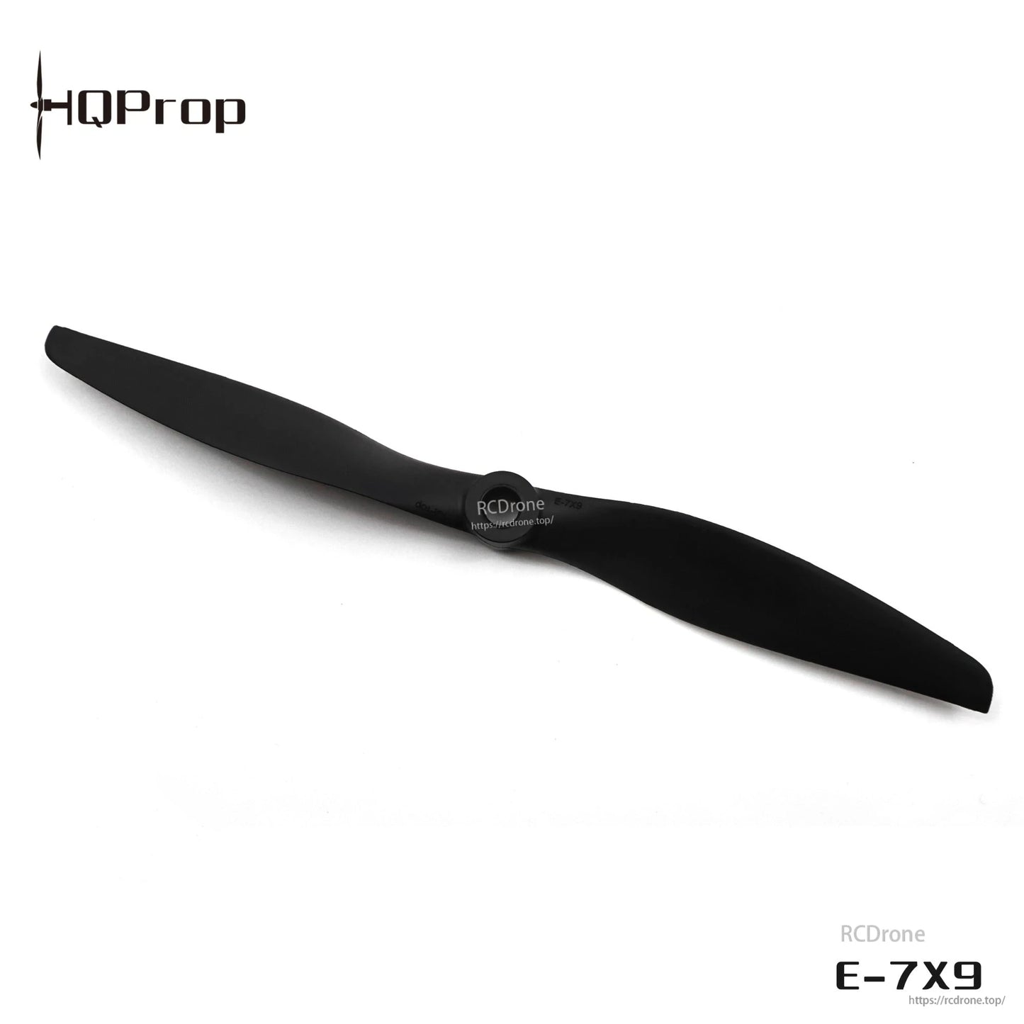 Black 7x9 two-blade propeller with center hub, shown with RCDone watermark and E-7X9 text