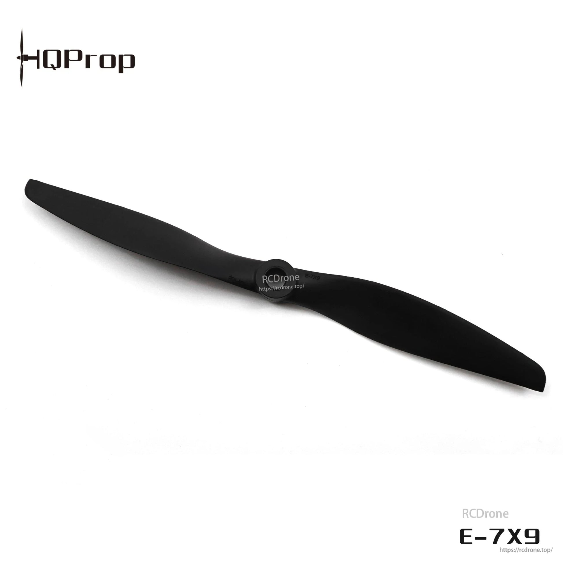 Black 7x9 two-blade propeller with center hub, shown with RCDone watermark and E-7X9 text