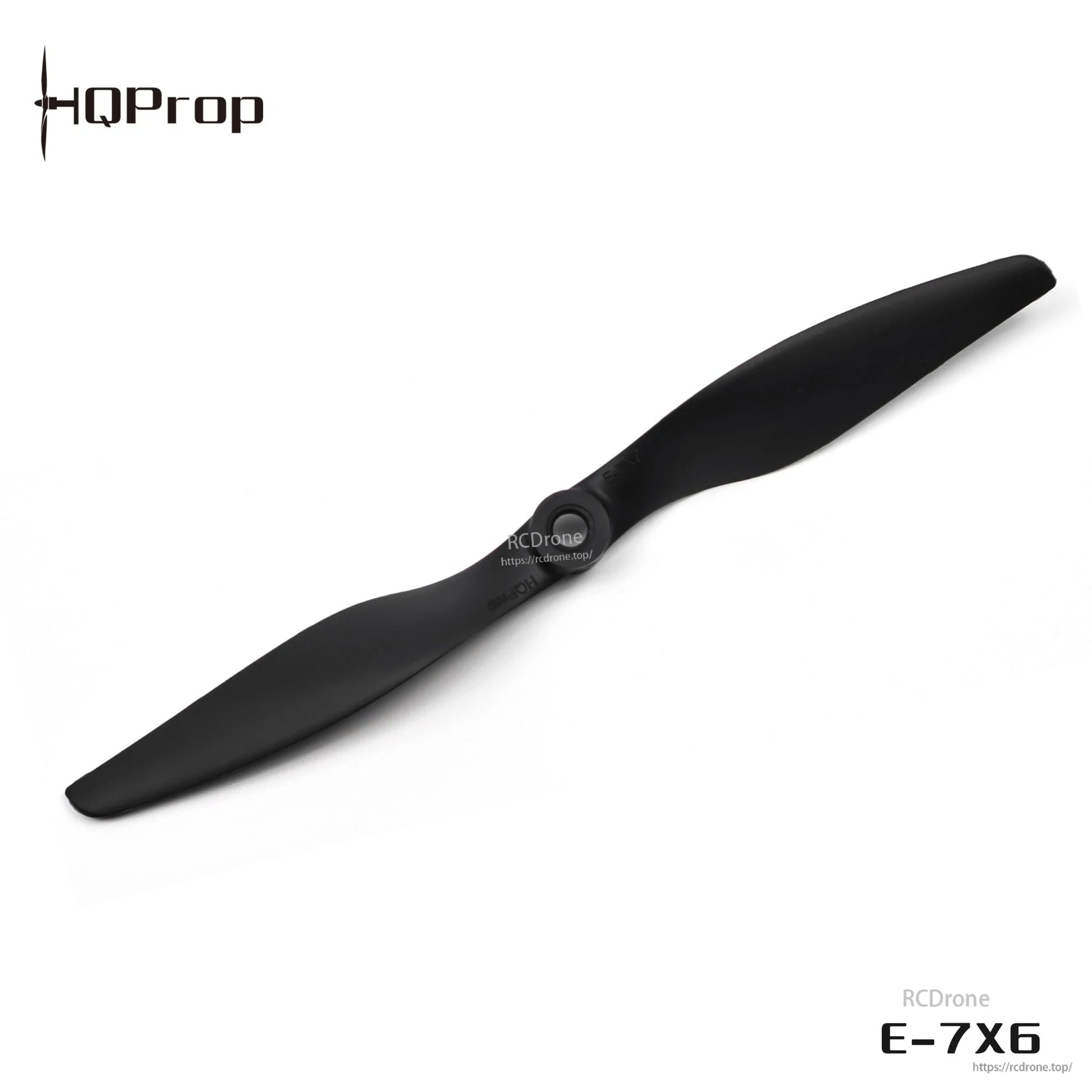 Black 2-blade HQProp propeller shown with RCDRone watermark and E-7X6 label on white background