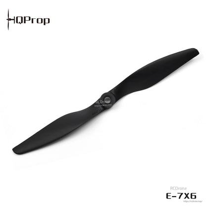 Black 2-blade HQProp propeller shown with RCDRone watermark and E-7X6 label on white background