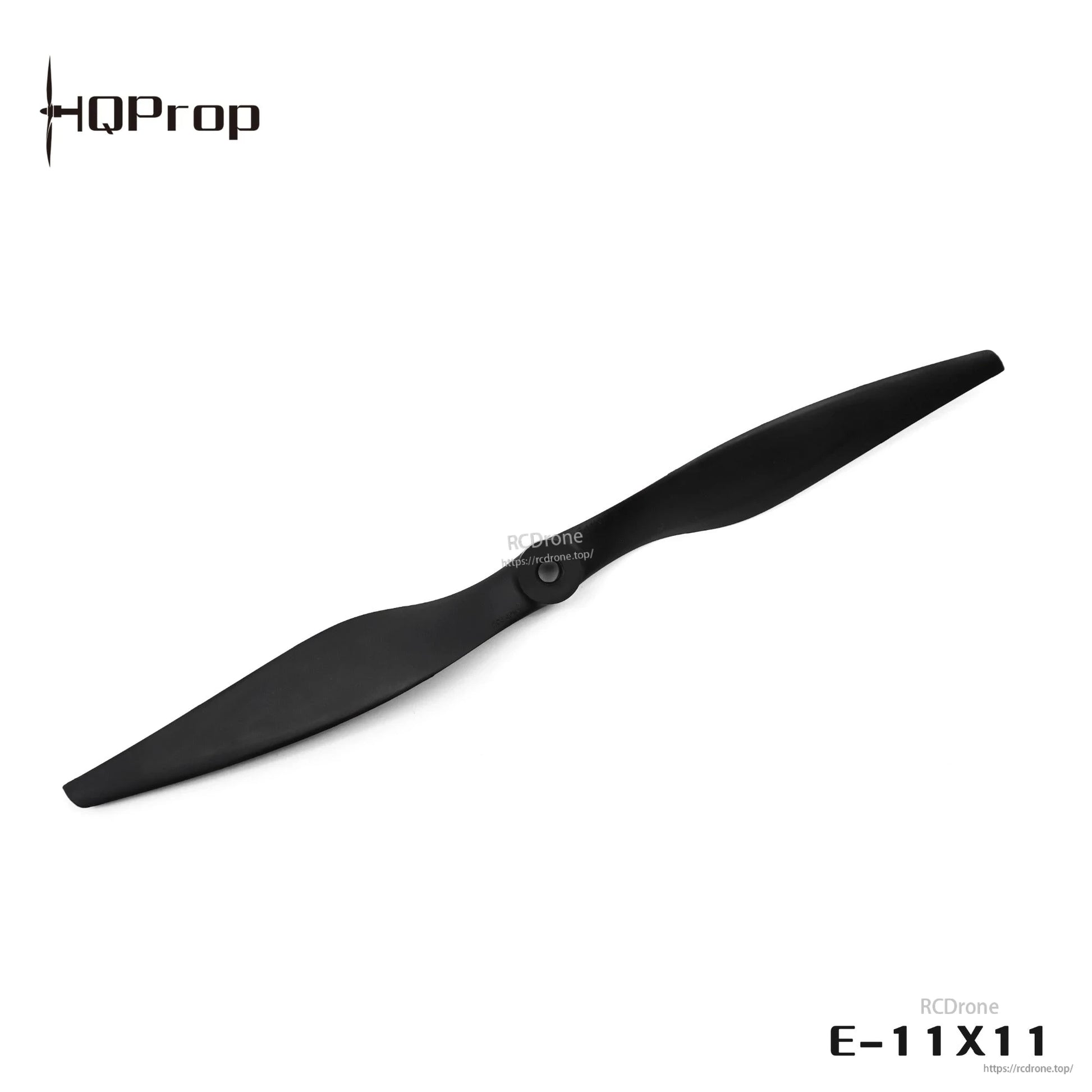 E-11X11 two-blade propeller with center hub close-up and watermark, black prop on white