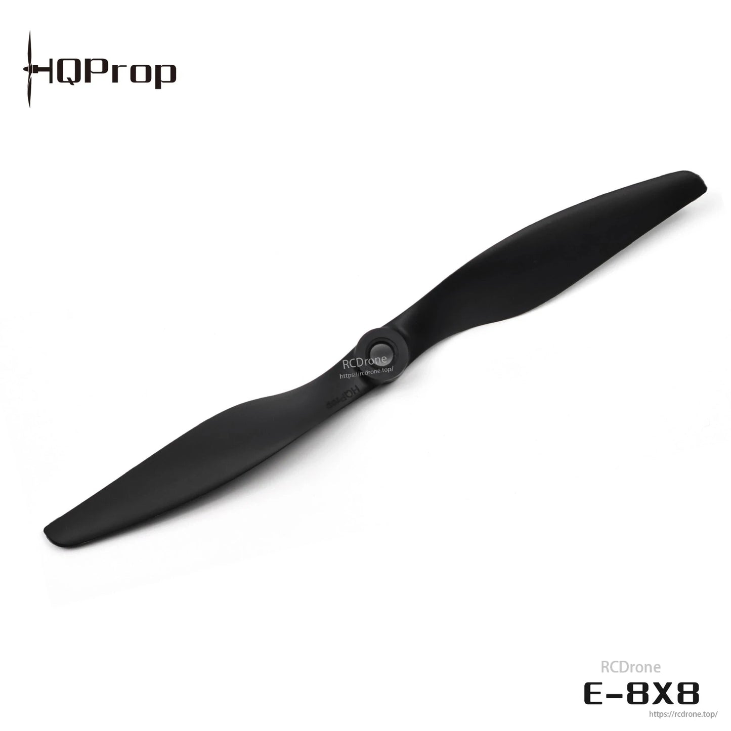 Close view of black 2-blade propeller showing hub and blade profile, E-8X8 marked image
