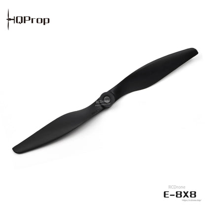 Close view of black 2-blade propeller showing hub and blade profile, E-8X8 marked image