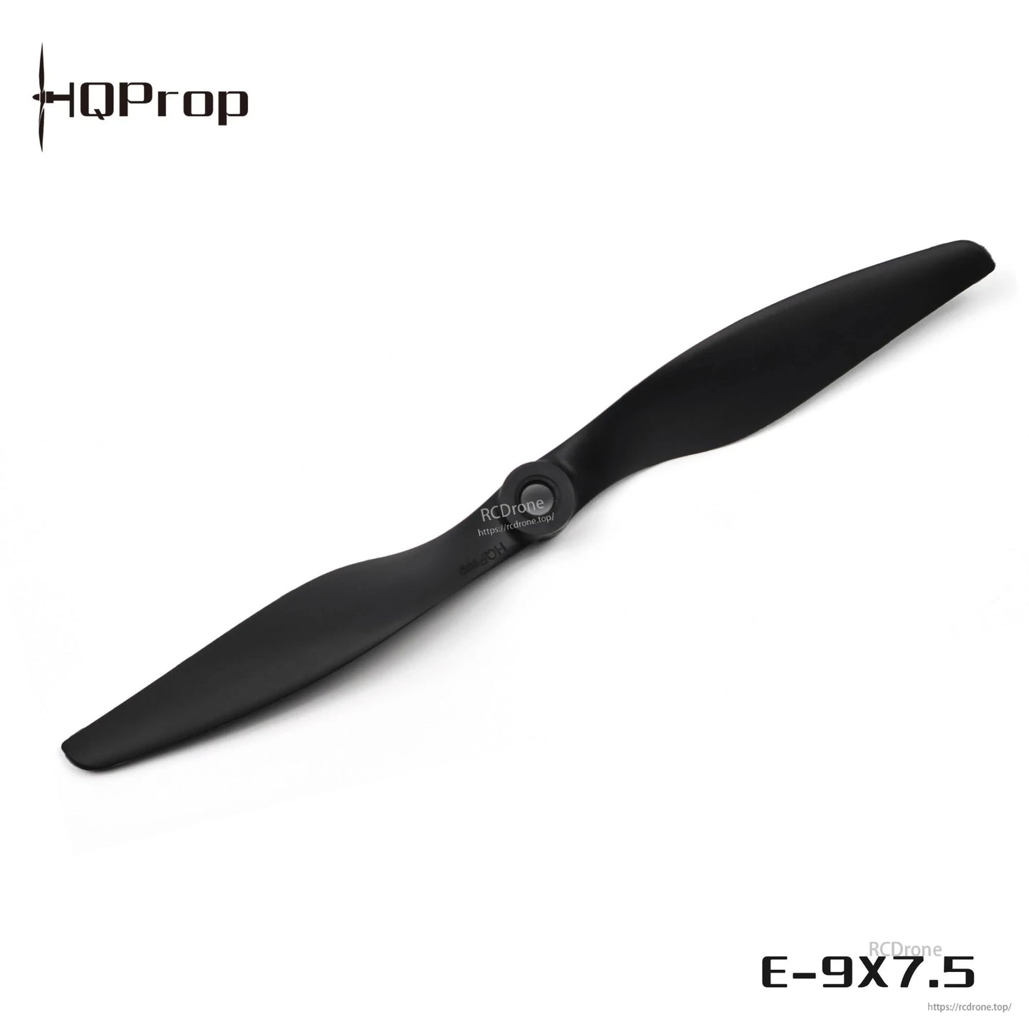 Black two-blade propeller with E-9x7.5 marking and HQProp logo, studio view on white background