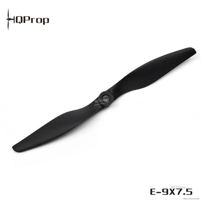 Black two-blade propeller with E-9x7.5 marking and HQProp logo, studio view on white background