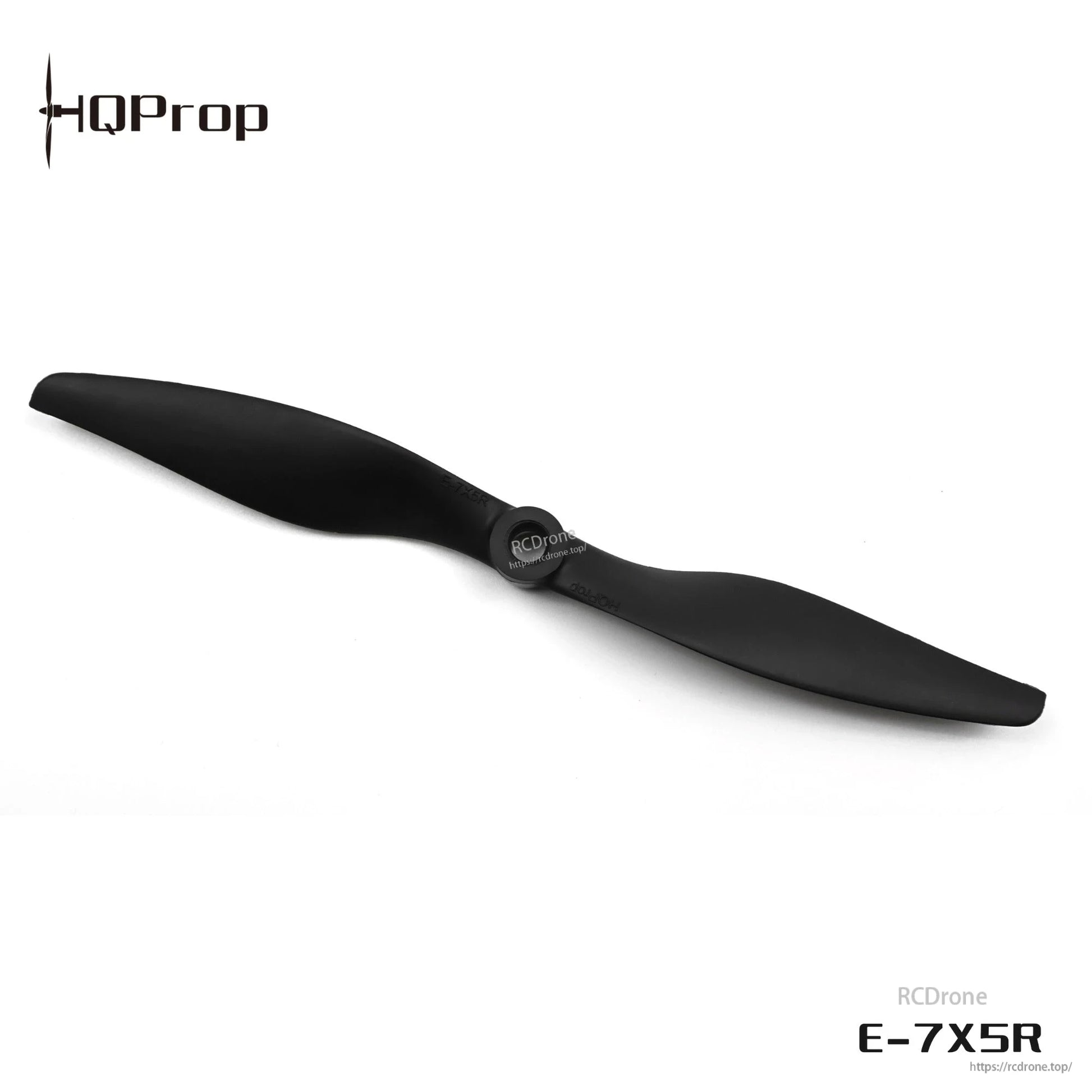 E-7X5R two-blade pusher propeller with RCDone watermark, hub and blades shown on white background