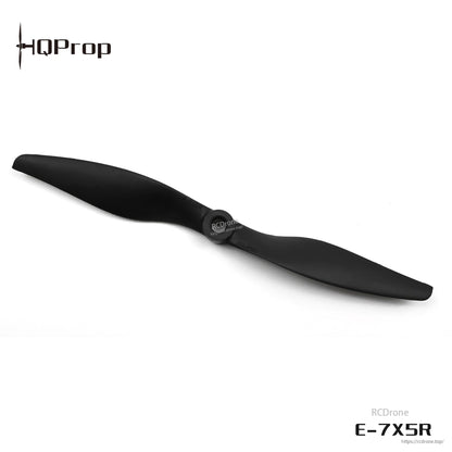 E-7X5R two-blade pusher propeller with RCDone watermark, hub and blades shown on white background