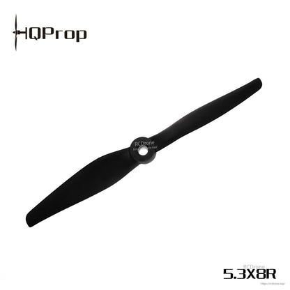 Close view of black two-blade pusher prop with 5.3x8R text and center hub detail
