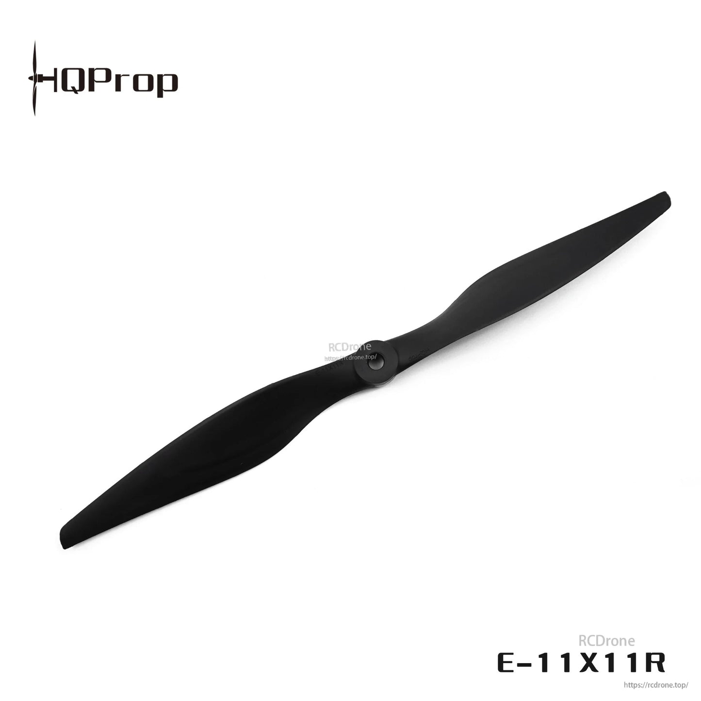 Black two-blade propeller with HQProp logo and E-11X11R text, RCDRone watermark in corner