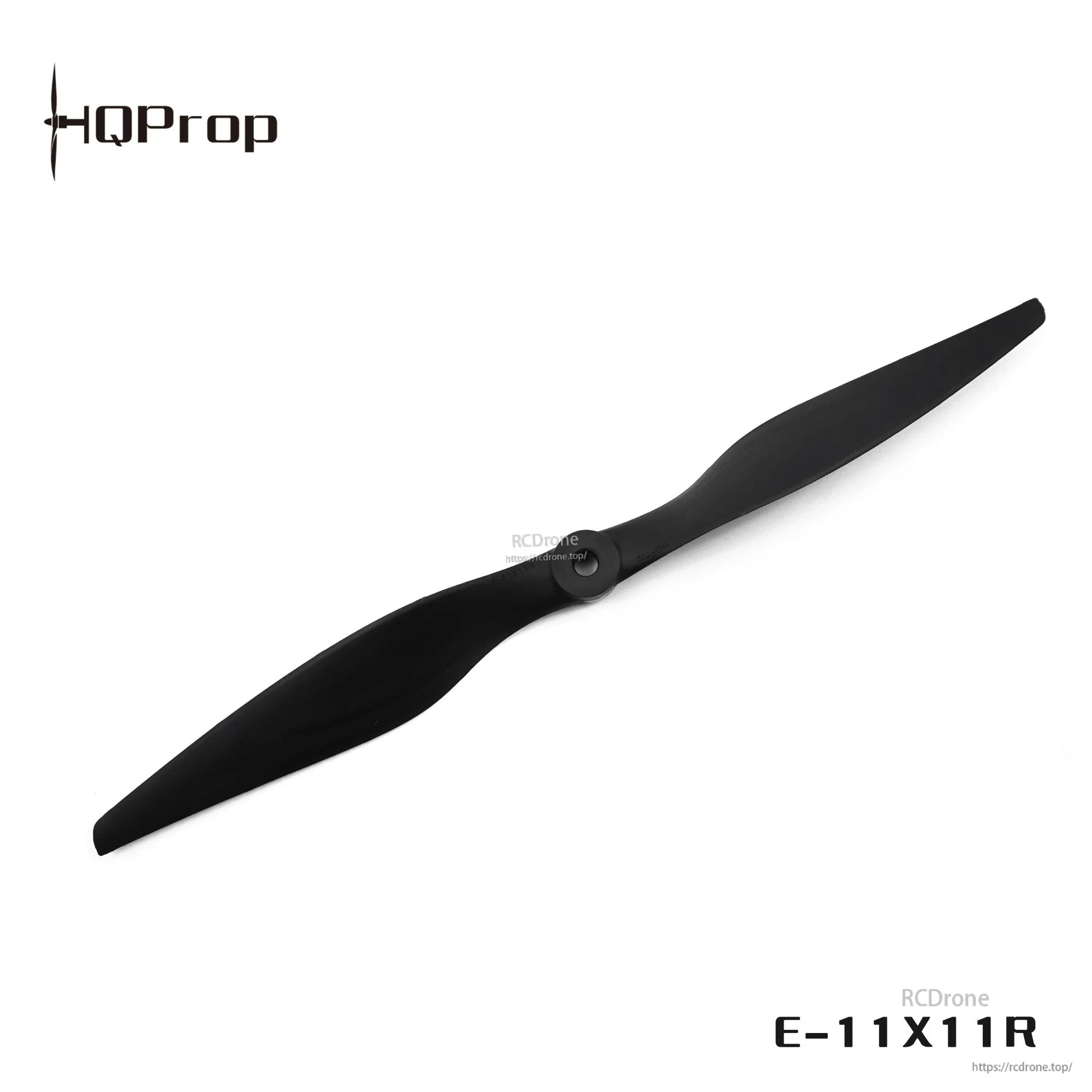 Black two-blade propeller with HQProp logo and E-11X11R text, RCDRone watermark in corner
