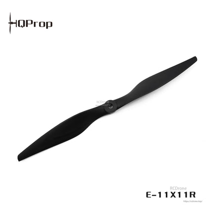 Black two-blade propeller with HQProp logo and E-11X11R text, RCDRone watermark in corner