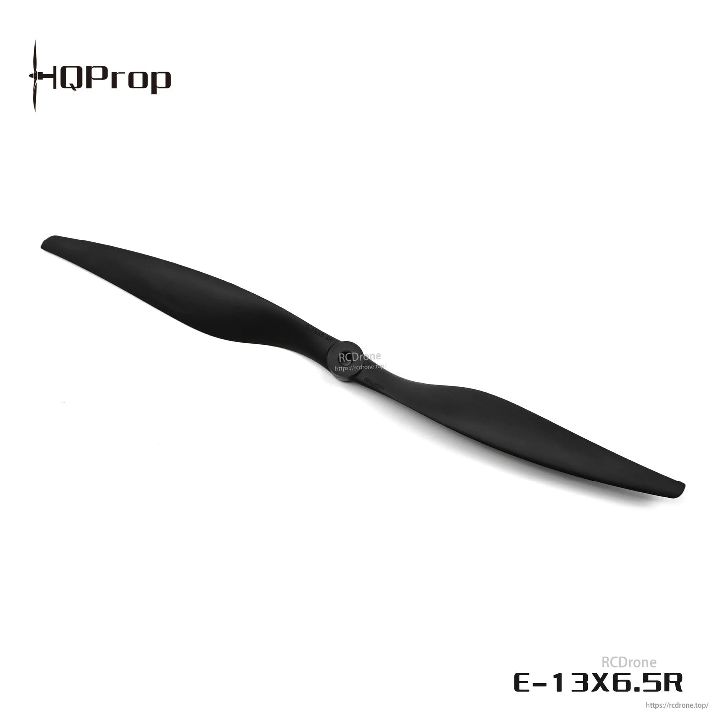 Black two-blade HQProp propeller with E-13x6.5R marking and RCDrone watermark