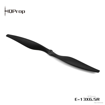 Black two-blade HQProp propeller with E-13x6.5R marking and RCDrone watermark