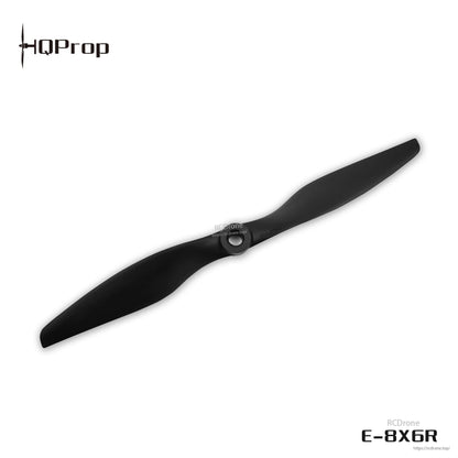 Black two-blade RC propeller with E-8X6R marking shown with hub detail on white background