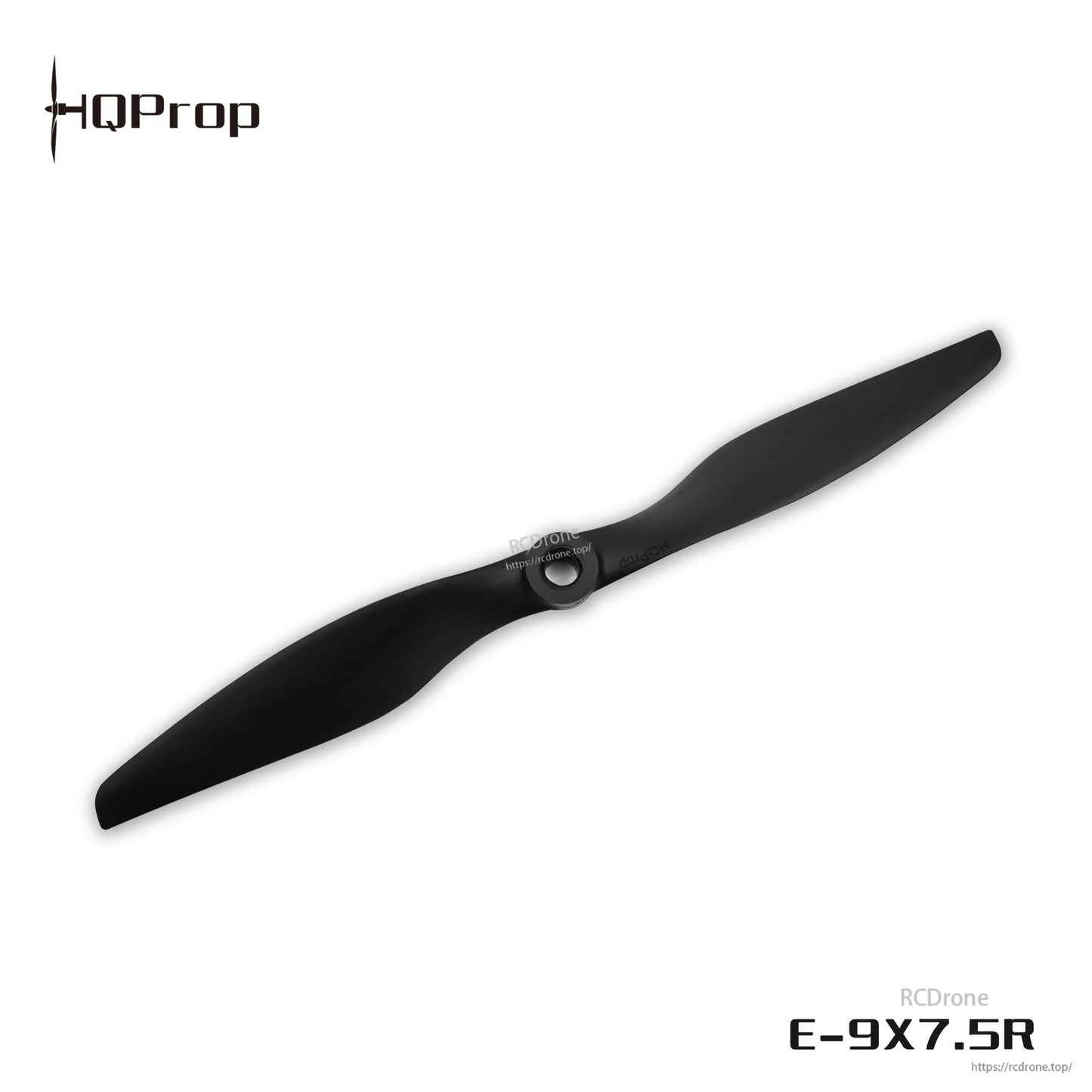 Close view of propeller hub and blade profile with E-9X7.5R marking on black 2-blade prop