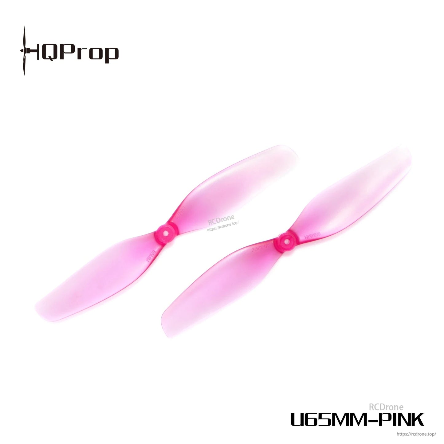Two HQProp U65MM-PINK 65mm 2-blade drone propellers, close-up view showing pink translucent blades