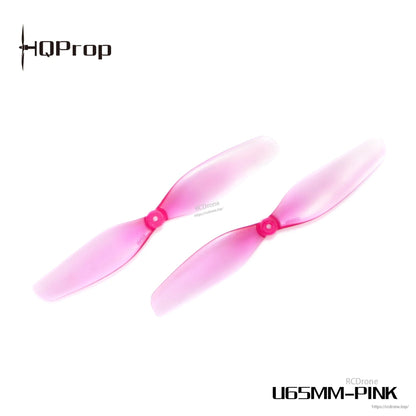 Two HQProp U65MM-PINK 65mm 2-blade drone propellers, close-up view showing pink translucent blades