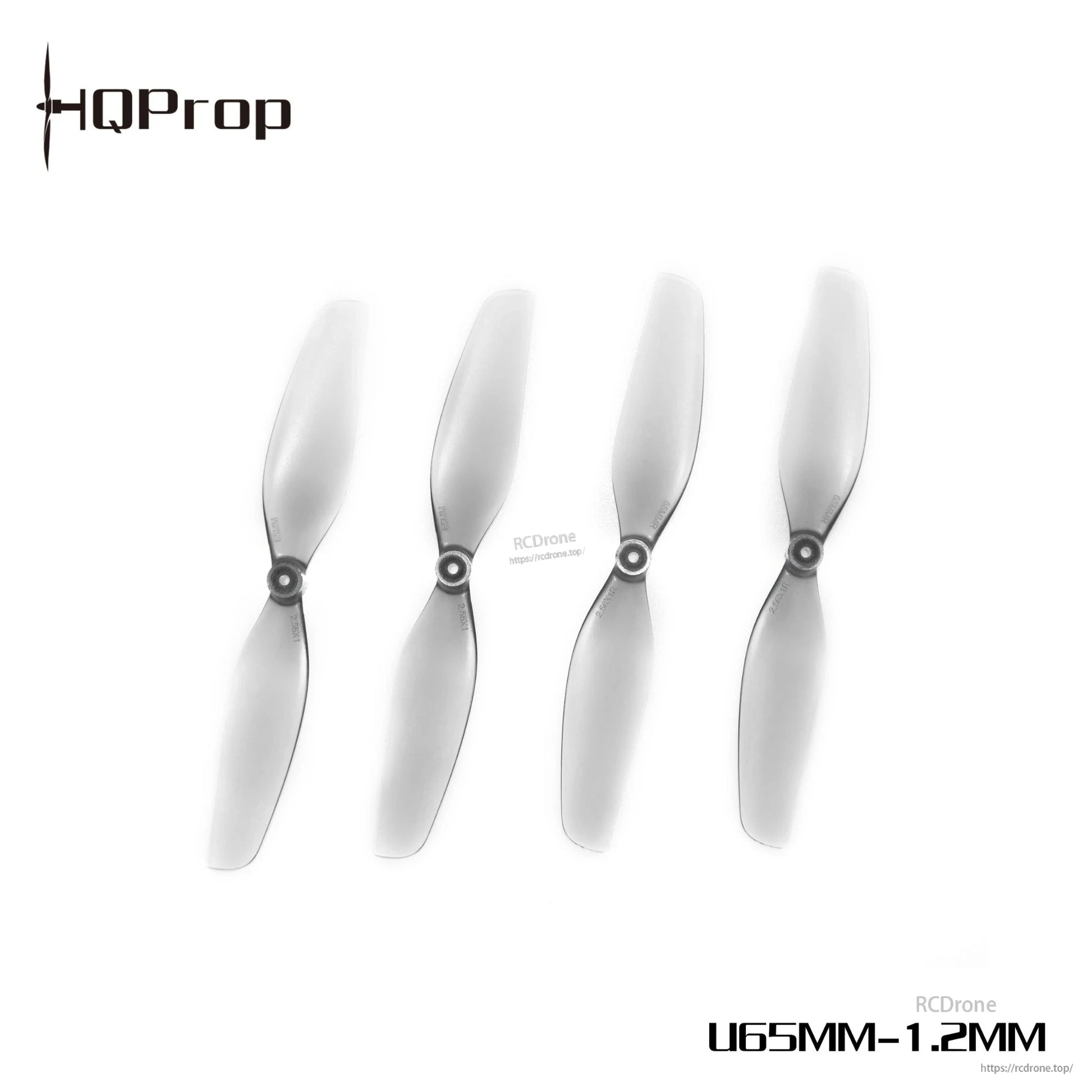Four HQProp 65mm U65MM-1.2MM 2-blade propellers arranged in a row, translucent finish