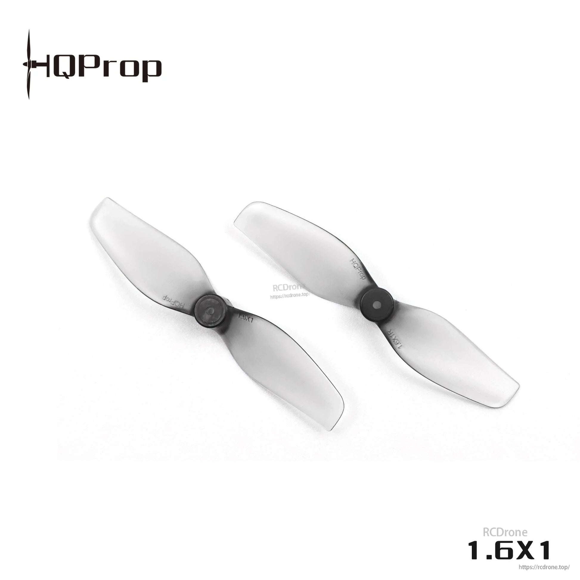 Angled view of two HQProp 1.6x1 grey translucent 40mm whoop props showing 2-blade profile and center hub