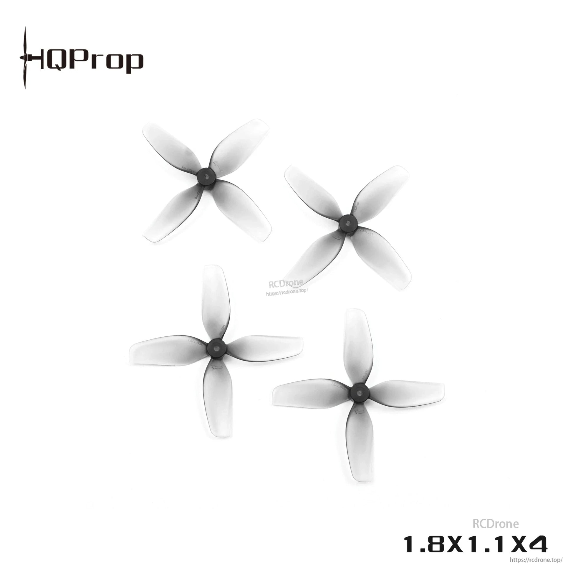 Four translucent grey 4-blade whoop propellers shown with 1.8x1.1x4 marking and logo