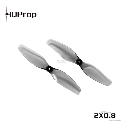 Grey two-blade whoop propellers with 2x0.8 marking and RCDrone watermark, angled top view