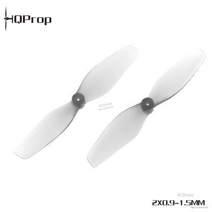 Pair of translucent grey two-blade micro drone propellers with HQProp logo and RCDRone watermark