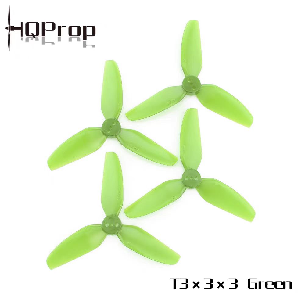 HQProp T3x3x3 green tri-blade FPV drone propellers set, four polycarbonate 3-blade props