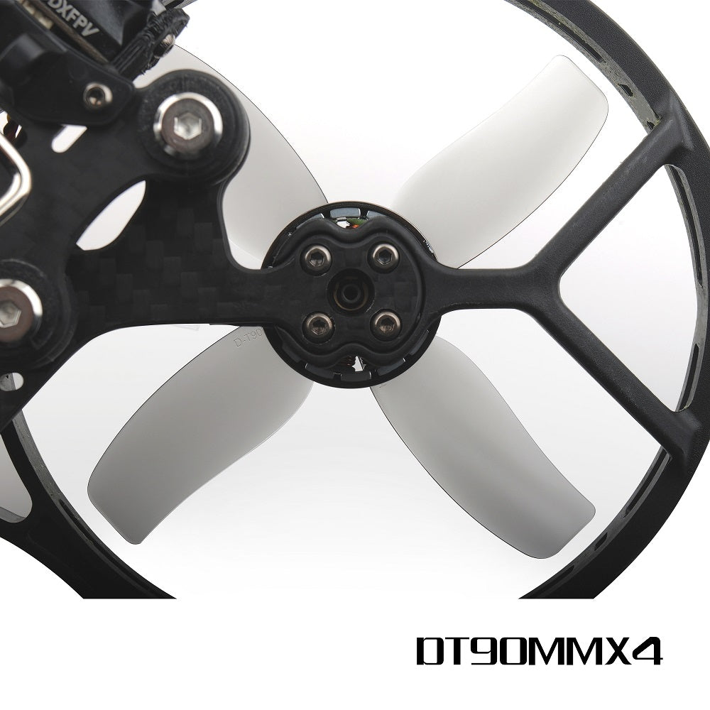 HQ Prop DT90MMx4 90MM 4-Blade FPV Drone Propeller, HQProp DT90MMx4 90mm 4-blade FPV drone propeller mounted on a ducted frame with four translucent blades