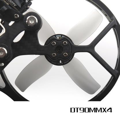 HQ Prop DT90MMx4 90MM 4-Blade FPV Drone Propeller, HQProp DT90MMx4 90mm 4-blade FPV drone propeller mounted on a ducted frame with four translucent blades
