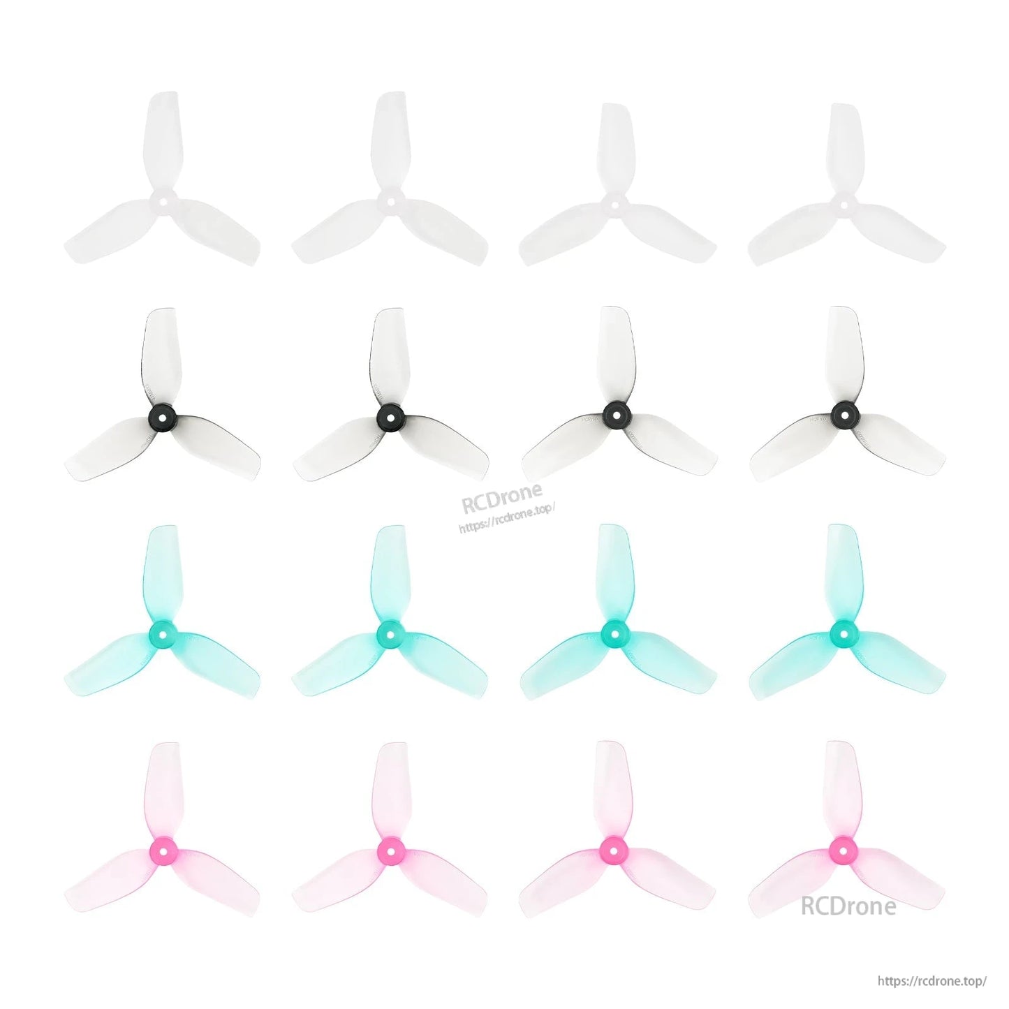 Color lineup of 31mm 3-blade propellers: clear, black hub clear, teal, and pink sets