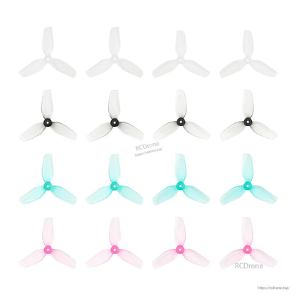 Color lineup of 31mm 3-blade propellers: clear, black hub clear, teal, and pink sets