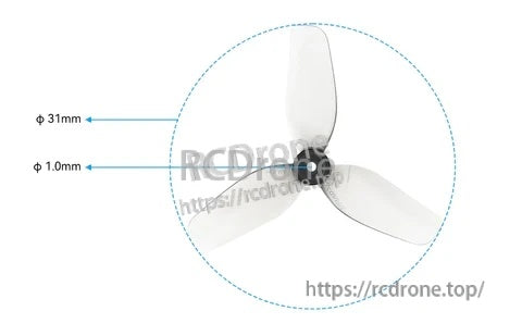 Close-up of 3-blade prop showing 31mm diameter and 1.0mm shaft hole sizing