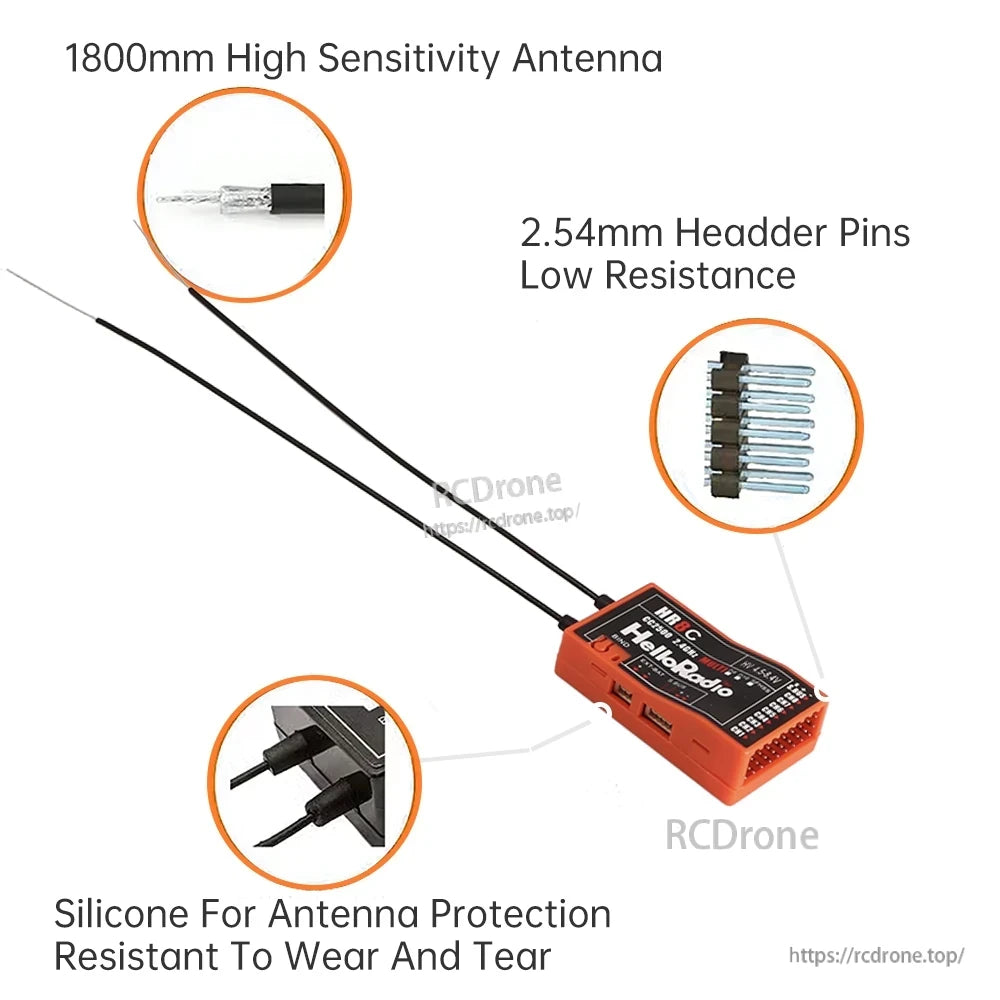 HR8C Mini Receiver, High sensitivity antenna with 18mm height, 2.54mm header pins and low resistance silicone for antenna protection.
