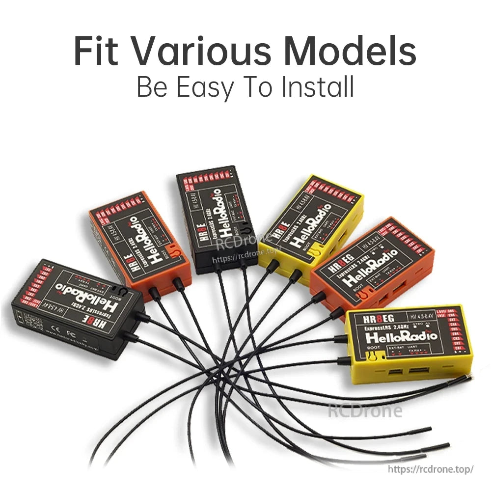 HR8C Mini Receivers: compact, colorful, 2.4GHz ExpressRS, easy install, labeled ports, compatible with many RC models.