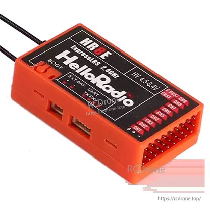 HelloRadioSky HR8E 2.4GHz ELRS 9CH PWM Receiver, HR8E ExpressLRS 2.4GHz receiver: 9-channel, HV input, dual antenna, telemetry, PWM/UART, for fixed-wing planes and boats.