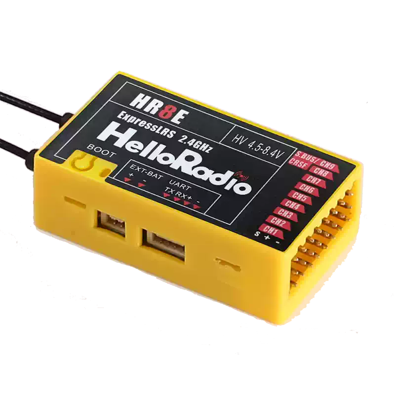 HelloRadioSky HR8E 2.4GHz ELRS 9CH PWM Receiver, HR8E ExpressLRS 2.4GHz receiver: 9-channel, HV-compatible, dual antenna, telemetry, PWM output, with UART, EXT-BAT, and boot ports in yellow casing.