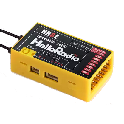 HelloRadioSky HR8E 2.4GHz ELRS 9CH PWM Receiver, HR8E ExpressLRS 2.4GHz receiver: 9-channel, HV-compatible, dual antenna, telemetry, PWM output, with UART, EXT-BAT, and boot ports in yellow casing.