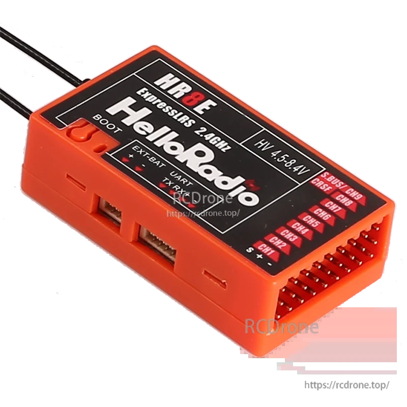 HelloRadioSky HR8E 2.4GHz ELRS 9CH PWM Receiver, The HelloRadio HR8E ExpressLRS 2.4GHz receiver offers 9 channels, dual antennas, long-range telemetry, and supports fixed-wing aircraft and boats.