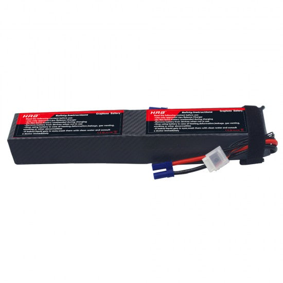 Rear view of HRB Graphene LiPo pack showing safety instruction labels, blue power connector and white balance plug