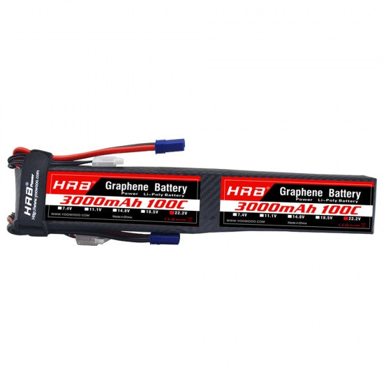 HRB Graphene 12S 3000mAh 44.4V 100C LiPo battery pack, label side with blue EC5 connector