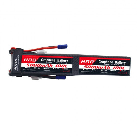 HRB Graphene 12S 5000mAh 44.4V 100C LiPo Battery pack, side label view with leads