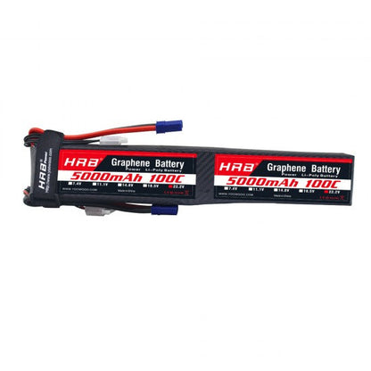 HRB Graphene 12S 5000mAh 44.4V 100C LiPo Battery pack, side label view with leads