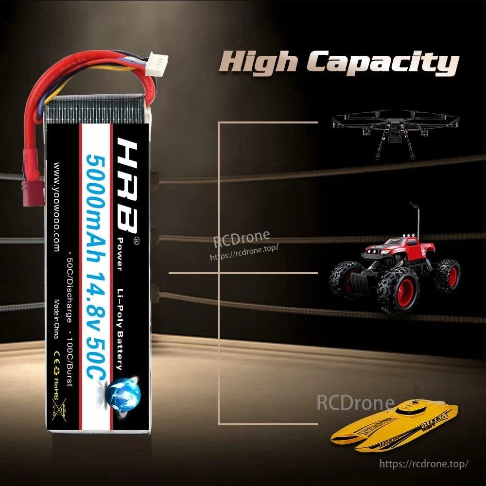 HRB 4S 14.8V 5000mAh 50C LiPo battery upright view highlighting high-capacity design for RC use