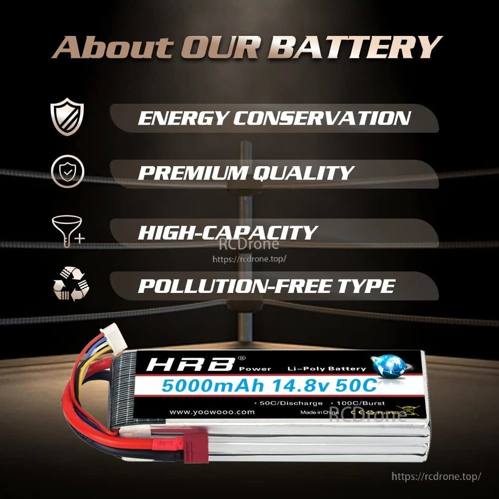 HRB 4S 14.8V 5000mAh 50C LiPo battery pack with marketing feature callouts on energy and quality