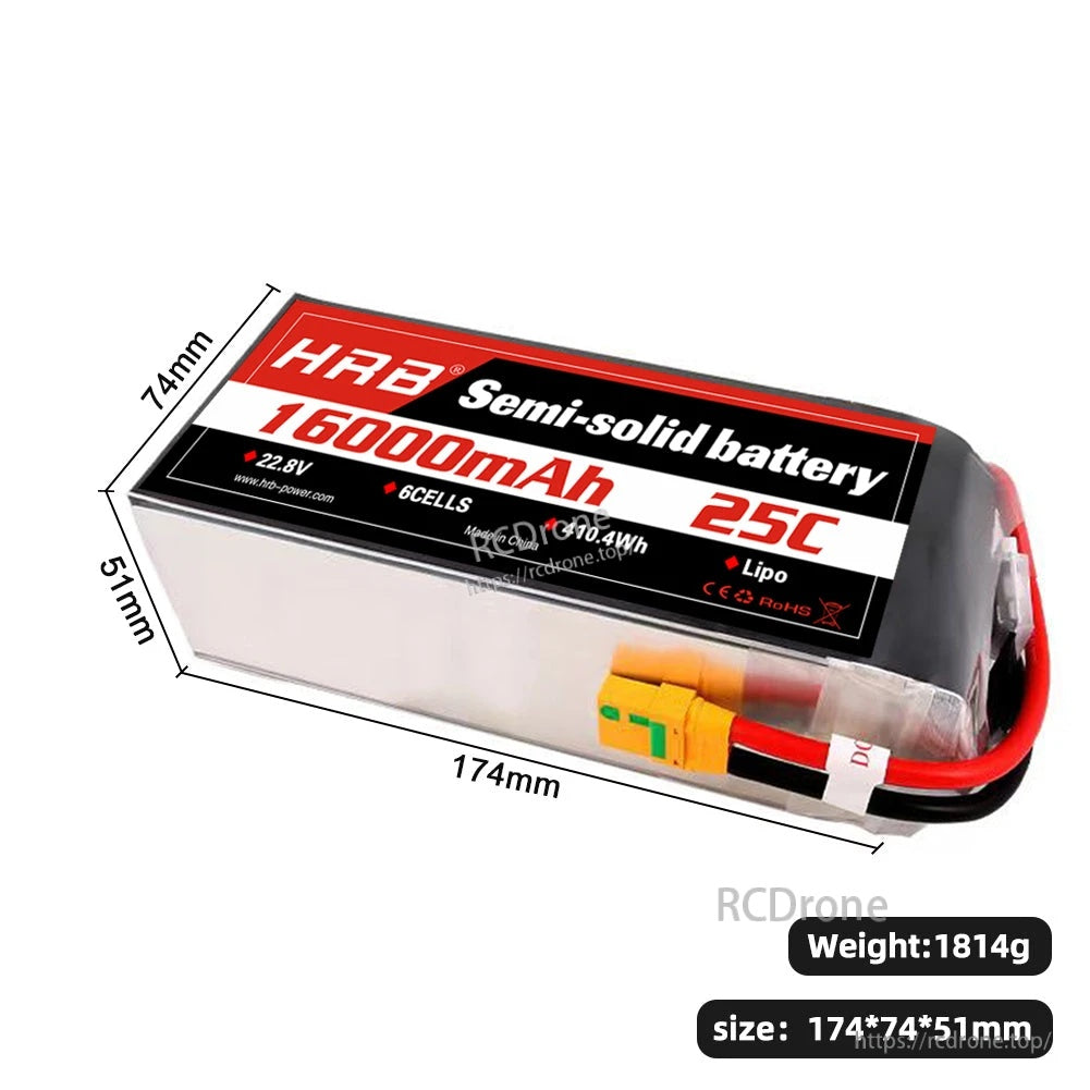 HRB 16000mAh 25C 6S 22.8V semi-solid LiPo battery pack with 174×74×51mm size and 1814g weight