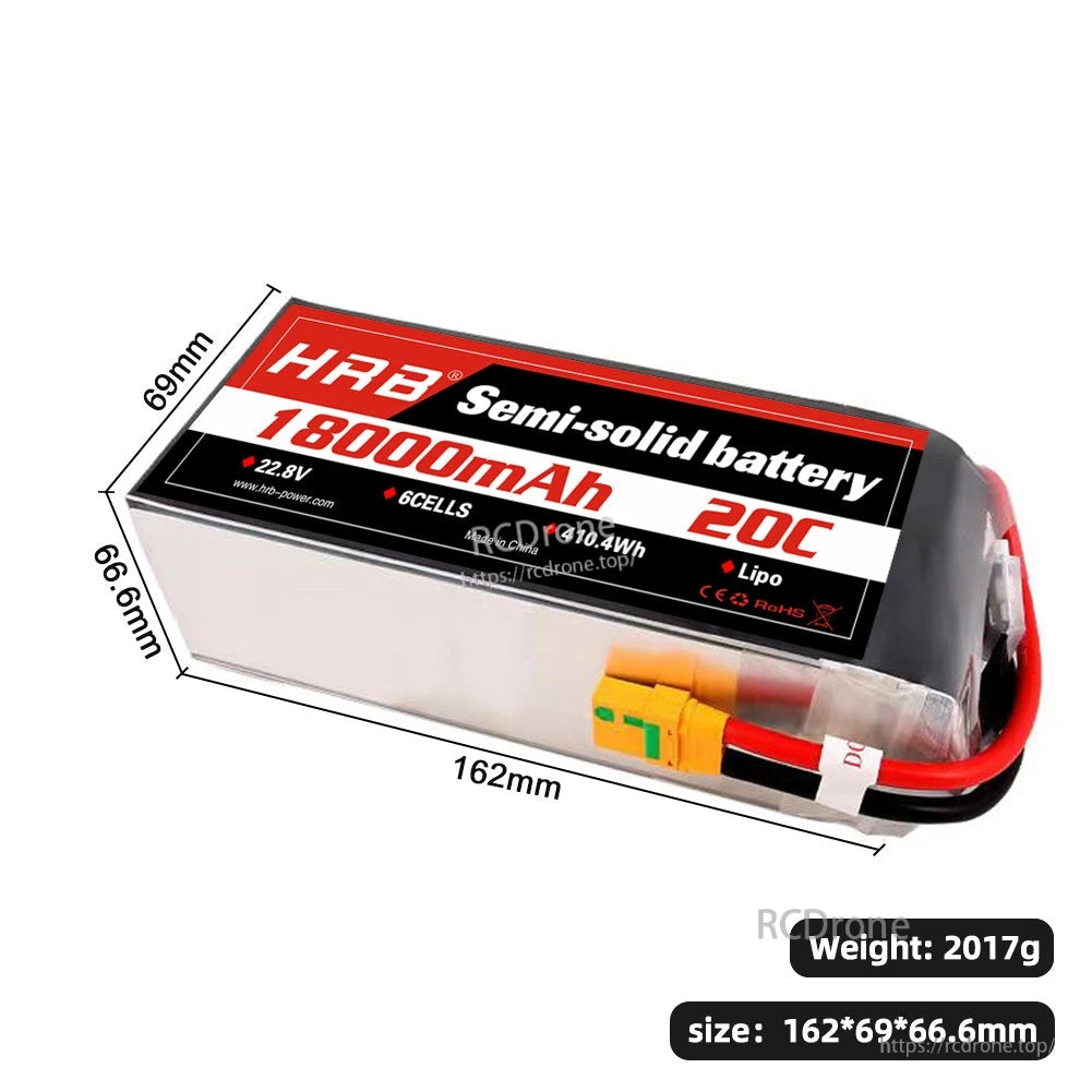 HRB 18000mAh 6S 22.8V 20C semi-solid LiPo battery pack with XT90-style connector, 162×69×66.6mm