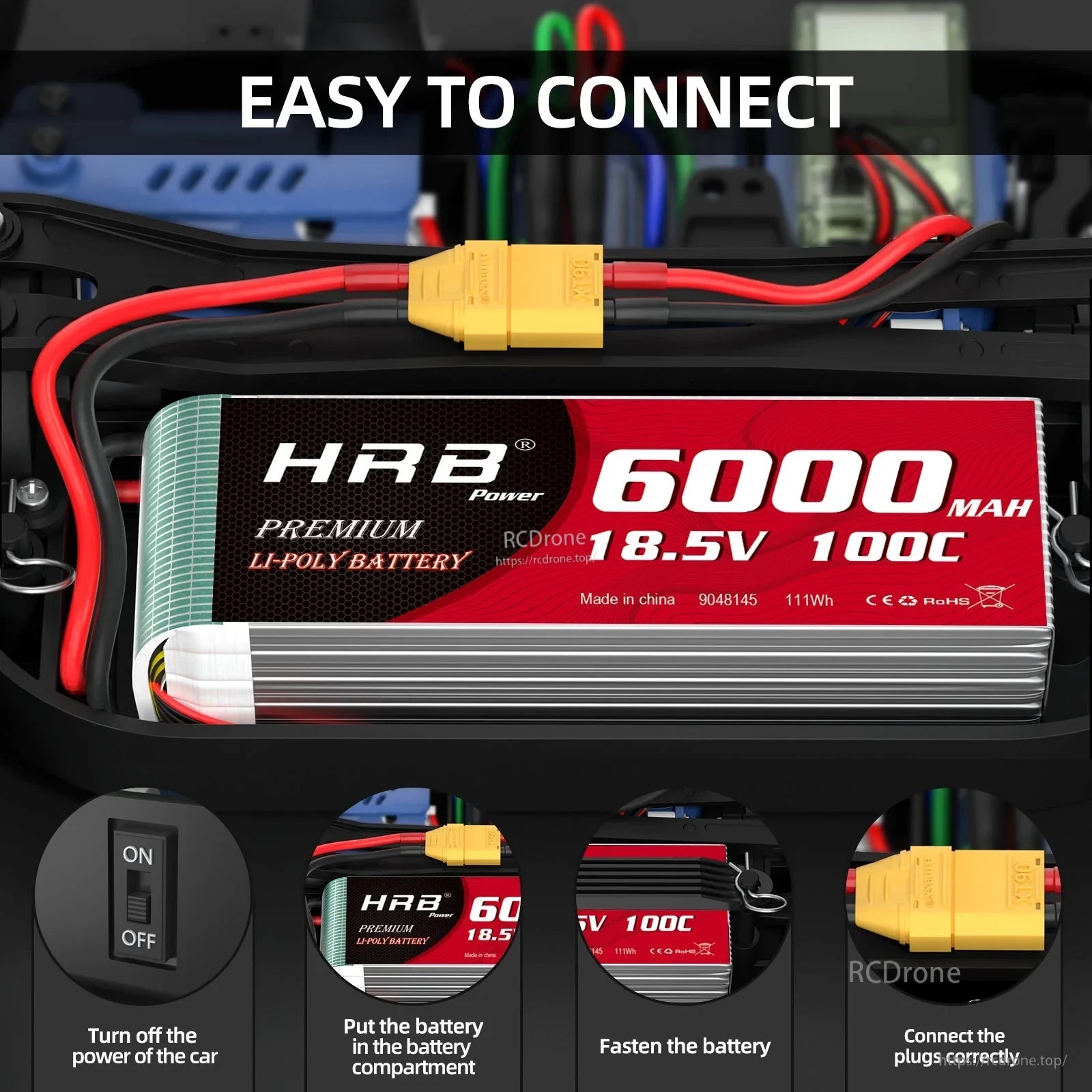 Close view of HRB 5S 18.5V 6000mAh 100C LiPo in tray, highlighting the yellow XT90 connector and wiring