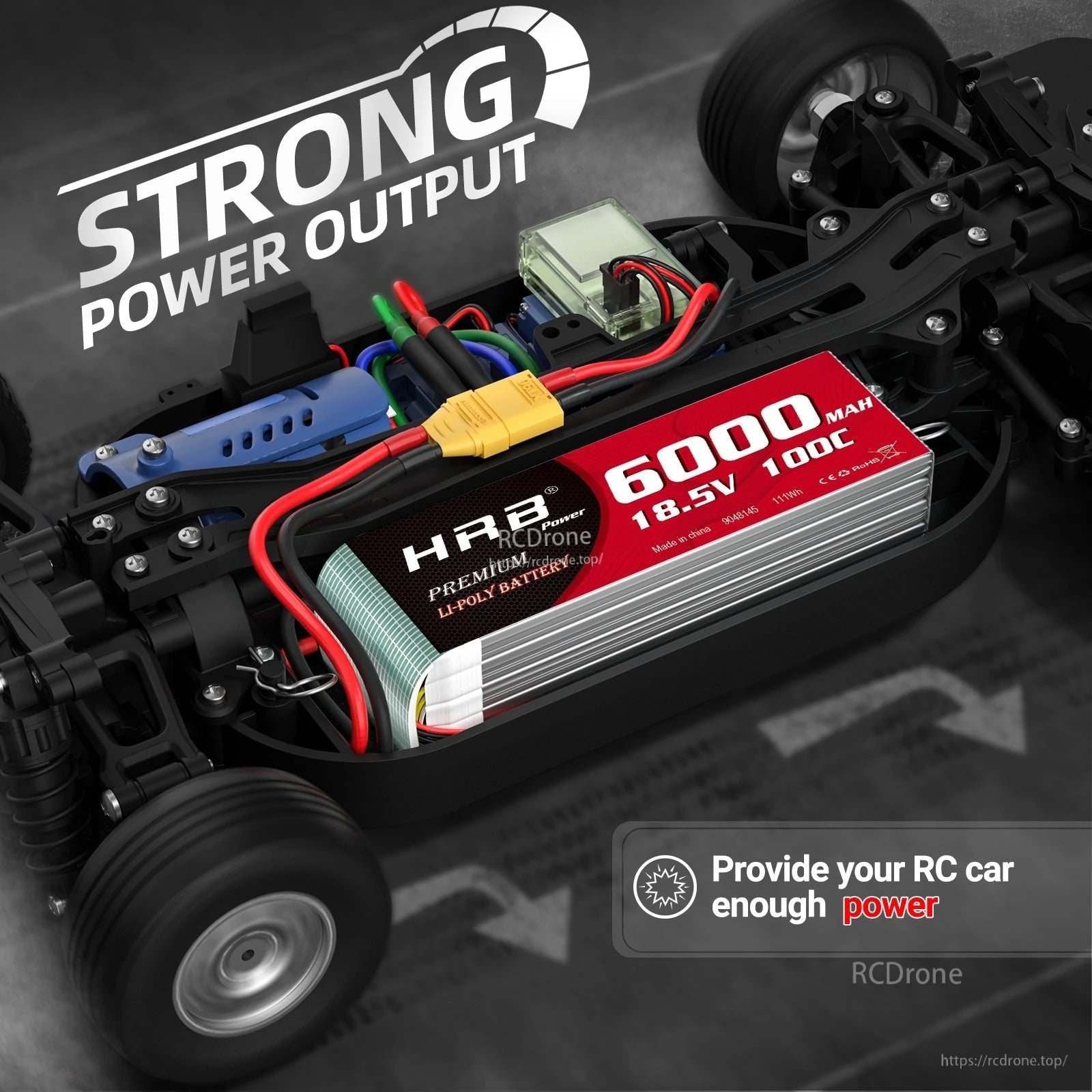 HRB 18.5V 6000mAh LiPo installed in an RC car chassis for high-power 5S setups